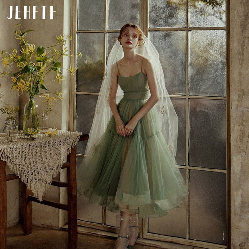 JEHETH fantastyczny miętowy zielony kwadratowy dekolt suknie balowe 2022 paski Spaghetti sznurowane krótki bez pleców suknia wieczorowa księżniczka herbata długość