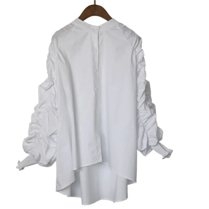 Blusa de manga farol para mujer, camisa asimétrica, larga, holgada, blanca, Vintage, Irregular, otoño