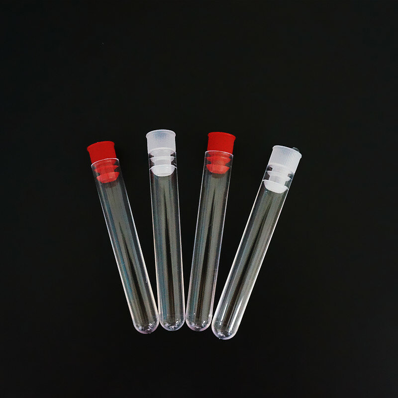 Tubo de ensayo de plástico transparente, 50 unids/lote, 13x78mm, fondo redondo, Vial con tapa, suministros de experimentos de laboratorio escolar y de oficina