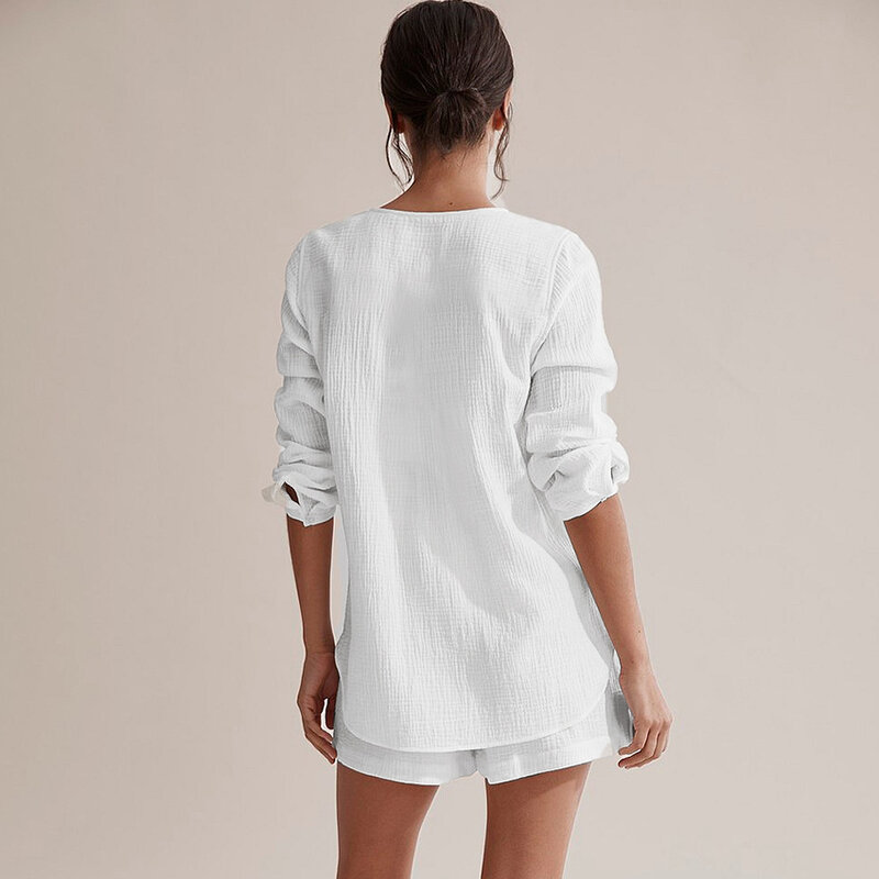 Hiloc bolso branco pijamas de algodão ternos com shorts feminino laço manga longa conjunto mulher 2 peças v-neck feminino pijama primavera