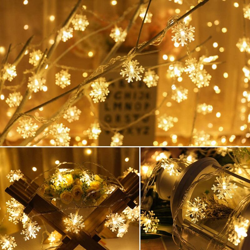 Cadena de luces con forma de copo de nieve, adornos navideños, decoración de Año Nuevo, 10/20M, funciona con enchufe, 2024