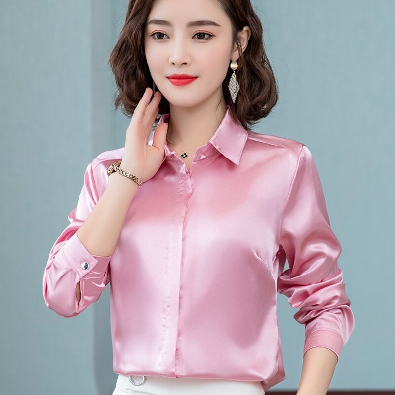 Kaus Sutra Satin Stinlicher Atasan Pakaian Kerja Elegan Lengan Panjang Musim Semi Musim Gugur Wanita Mode Korea Kemeja Blus Hitam Putih Biru