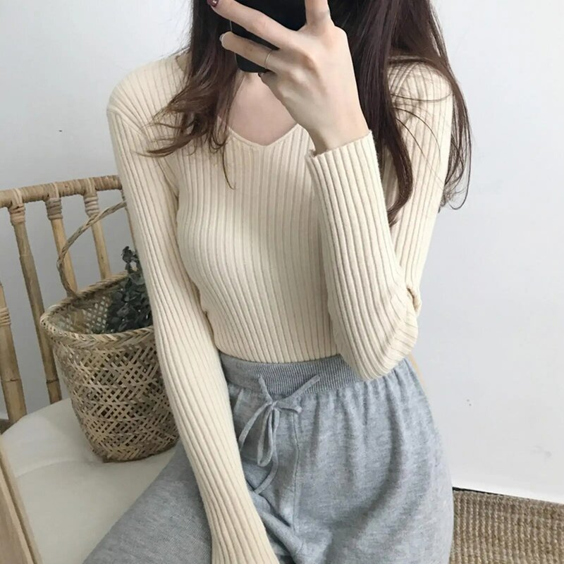 Women Autumn Winter Long Sleeve V Neck Ribbed Blouse Slim Knitted Pullover Top