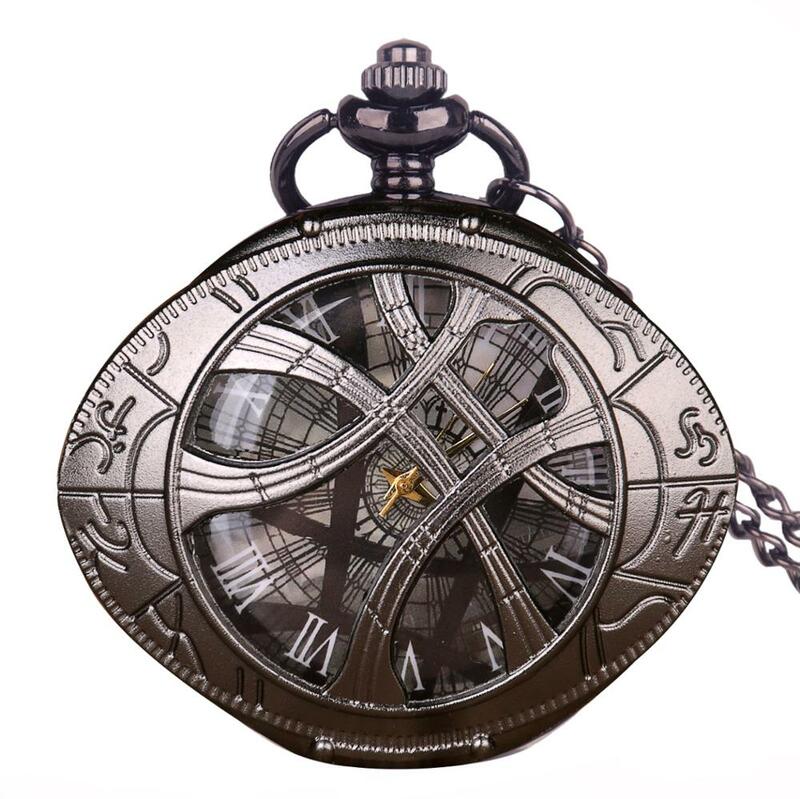Reloj de bolsillo de cuarzo con forma de caja redonda de ojo de Agamotto, joyería de bronce Vintage, colgante, collar, cadena, regalos para hombres y mujeres