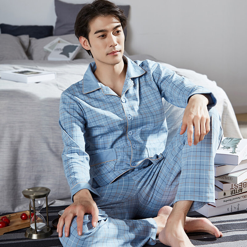 Pijama xadrez de algodão puro masculino, pijama azul com mangas compridas e botões para homem, coreano, plus size