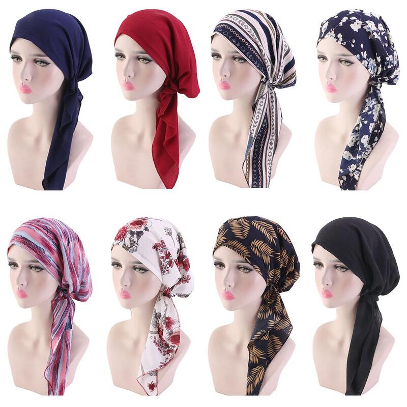 イスラム教徒の女性のためのプリントされたヒジャーブハット,ターバン,癌に対する化学療法の帽子,インドのビーニーフラワースカーフ,脱毛に対するキャップ,新しい