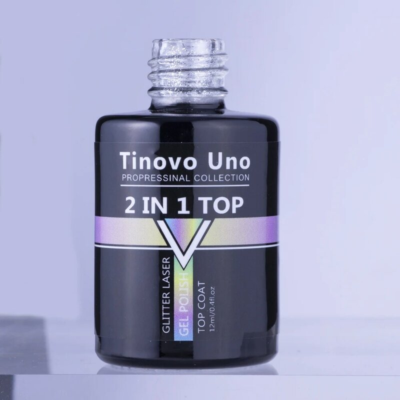 Tinovo Uno Glitter Mantel Atas UV Gel Cat Kuku 2 IN 1 15ML Super Shine Laser Topcoat Manicure Vernis Semi Permanen Gel Finish
