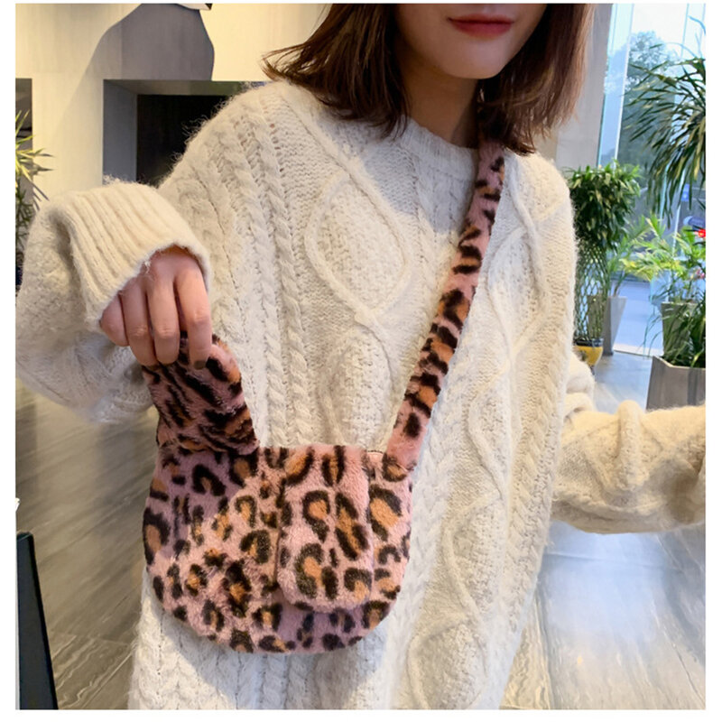 Женская сумка на плечо с леопардовым принтом и искусственным мехом, мягкая зимняя плюшевая ручная сумка с заячьими ушками для женщин, пушистая сумка через плечо