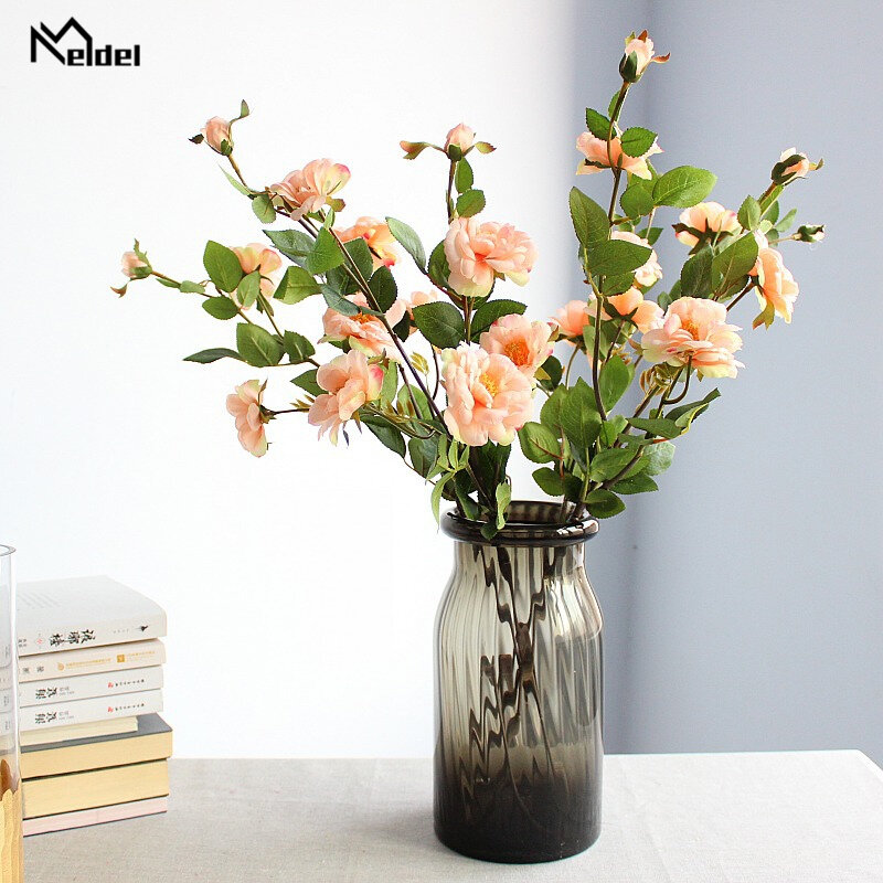 Meldel – branches de roses chinoises en soie, 7 fleurs, pour mariage, Mini, fausses fleurs, pour décoration d'intérieur, pour la maison