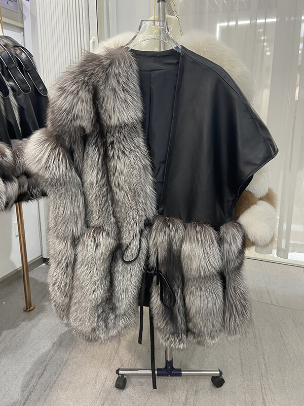 Abrigo holgado de gran tamaño para mujer, piel de zorro plateado Real, piel de oveja auténtica, abrigo de ocio, exterior, lujo, alta calidad