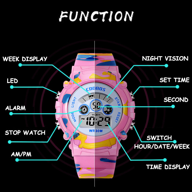 Relojes de camuflaje azul marino para niños, LED colorido, Flash Digital, alarma impermeable para niños, niñas, fecha, semana, reloj creativo para niños