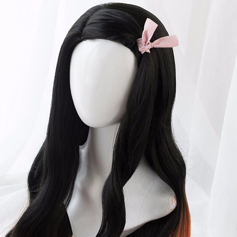 Kamado Nezuko Wig Nezuko Cosplay 95cm gradien rambut panjang aksesoris Wig sintetis tahan panas