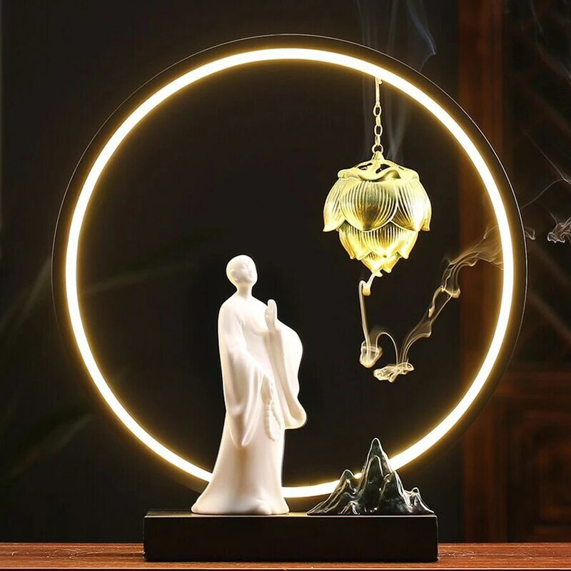 Quemador de incienso de reflujo creativo elegante Cultural, soporte de incienso de cerámica, estanque de loto, luz de luna, el pequeño monje