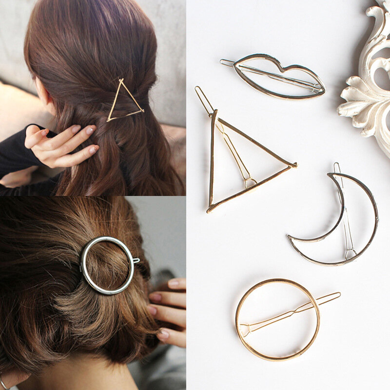 Fashion Geometric Mental Hairpins for Girls Triangle Moon Hair Pin Lip Round Star Hair Clip for Women Barrettes Hair Accessories