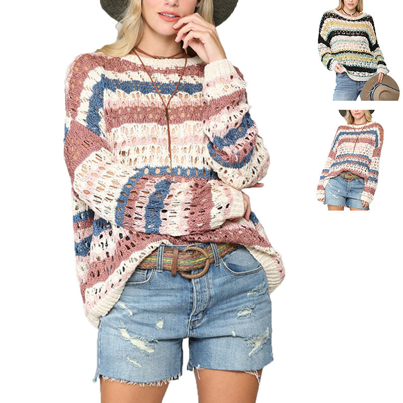 Свитер женский с длинным рукавом, повседневный вязаный свободный свитер с цветными полосками, с круглым вырезом, модная осенне-зимняя одежда