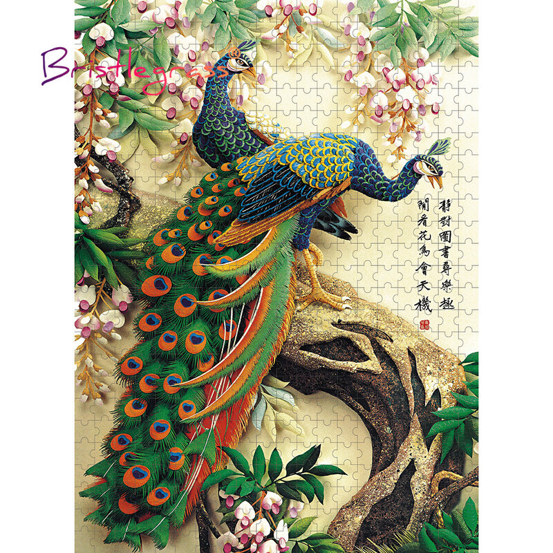 BRISTLEGRASS-ألغاز خشبية على شكل طاووس ، 500 ، 1000 قطعة ، لوحة صينية قديمة ، لعبة تعليمية فنية ، ديكور منزلي