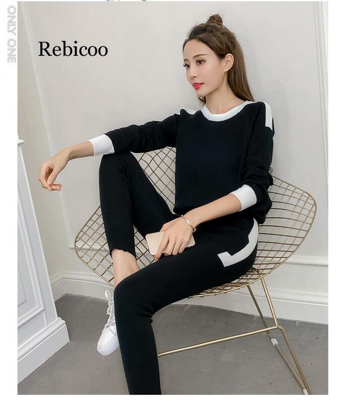Patchwork Fesyen Pakaian Latihan Yg Hangat Wanita Lengan Panjang Pullover Sweater + Santai Panjang Penuh Perempuan Korea Rajutan Slim 2 Pcs Set