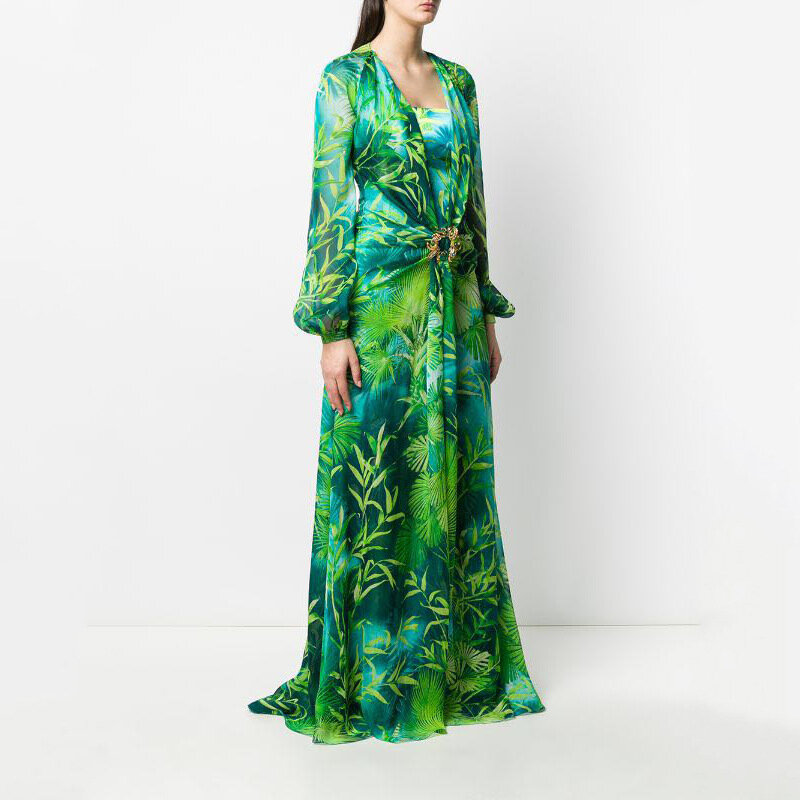 Długi zielony z nadrukiem głęboka sukienka z dekoltem w serek biżuteria klamra suknia bankietowa lato Impreso Saten kwiatowy formalne wesele Beach