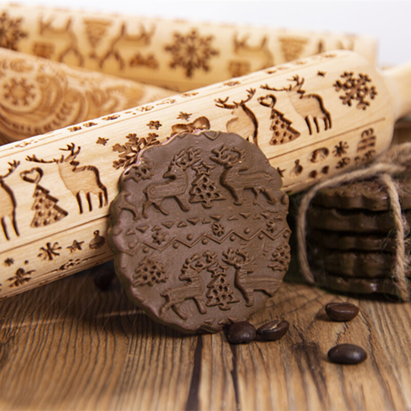 New Leaf Christmas Deer Wooden Rolling Pin Embossing Baking Cookies Noodle Biscuit Fondant Cake Dough Patterned Roller Snowflake