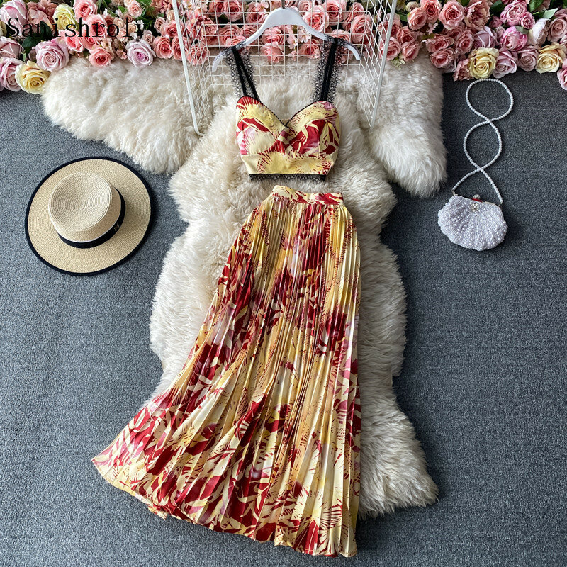 2ชิ้นชุด2021 Seaside Holiday ผู้หญิงพิมพ์ลายดอกไม้ V-Neck Lace Patchwork Camis ขนาดใหญ่ Hem ยาวจีบกระโปรงชุด C137