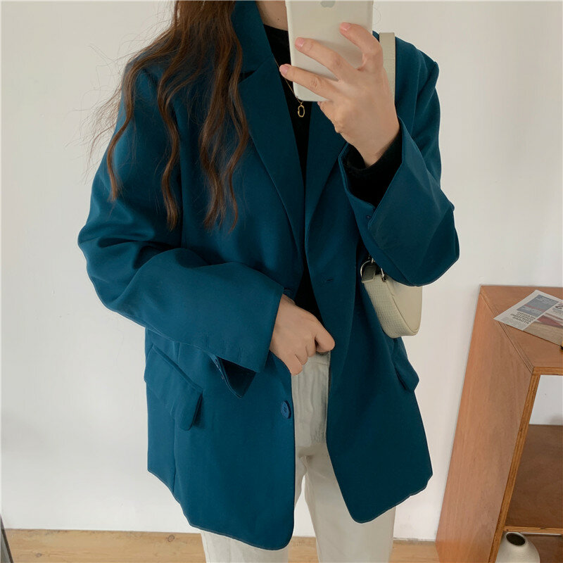 Seoulish jesień zima 2021 nowy pojedyncze łuszcz damska Blazer elegancka, długa rękaw biuro kobiet dorywczo luźna odzież kieszenie