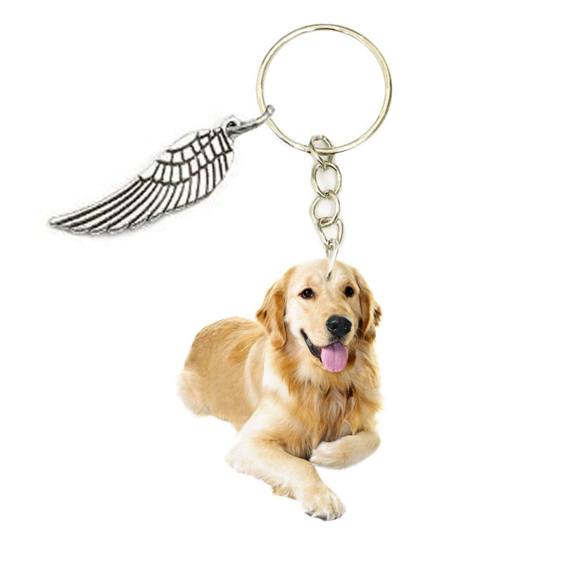 Gantungan Kunci Akrilik Anjing Bayi Anjing Golden Retriever dengan Gantungan Kunci Mode Sayap Gantungan Kunci Mobil Pria Hadiah Cincin untuk Wanita Cinta Hewan Miss U