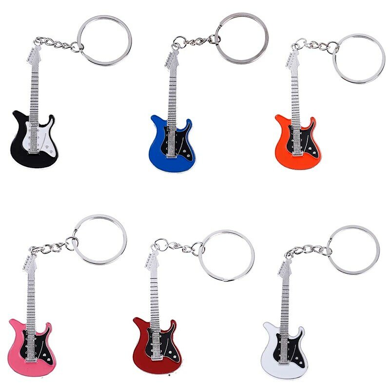 مصغرة المعادن الكلاسيكية الكهربائية الغيتار المفاتيح مفتاح سيارة سلسلة الغيتار مفتاح خاتم آلات موسيقية قلادة ل رجل المرأة 6 ألوان