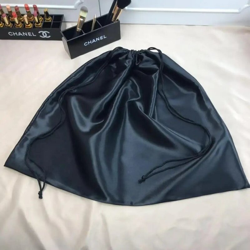 Large Silk Satin Drawstring Care Bag Custom Wigs Storage Dust Proof Packaging Pouch Black Reusable Sack Handbag Shoes Travel Bag
