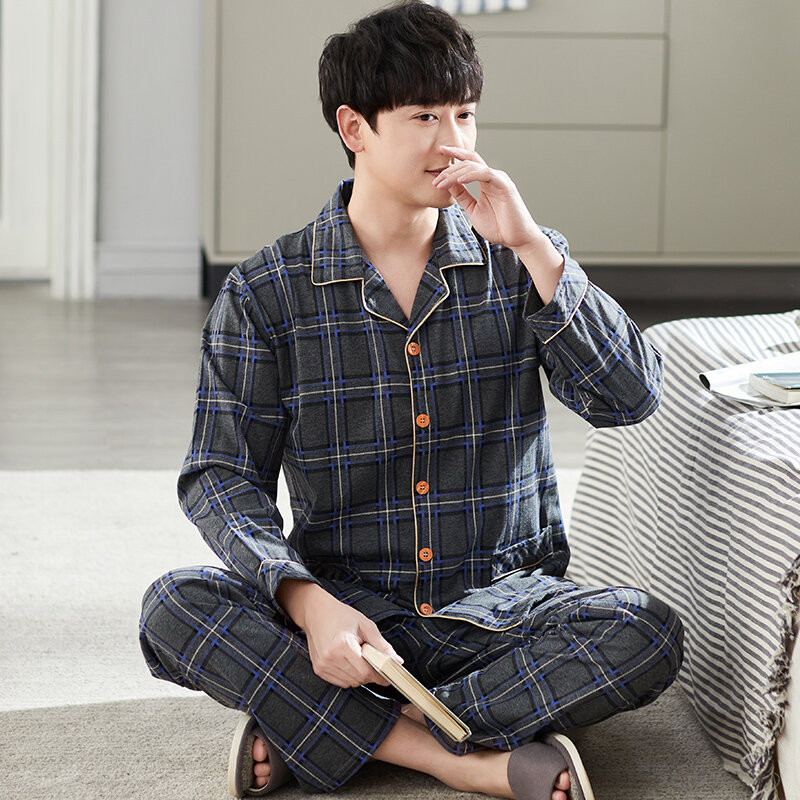 Conjunto de Pijama de algodón completo para hombre, ropa de dormir de manga larga con cuello impreso, 4XL, para primavera y otoño, 2 piezas