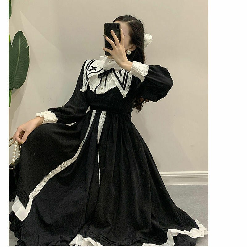 Gothic Lolita Retro w stylu Hepburn mała czarna sukienka super bajkowe granatowy kołnierzyk sukienka z przymarszczanych falban sukienka „ princeska ”z długimi rękawami kawaii