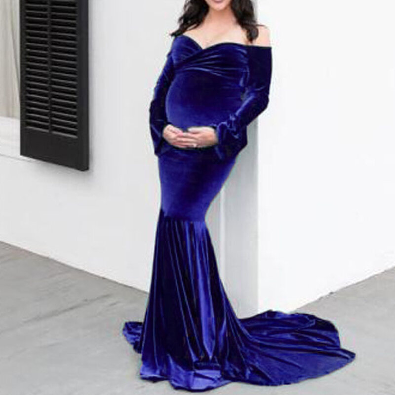 2022 Spring Long Sleeve Maternity Photography Dresses Golden Velvet Pregnancy Dress V-Neck Pregnant Woman Party Clothing S M L X