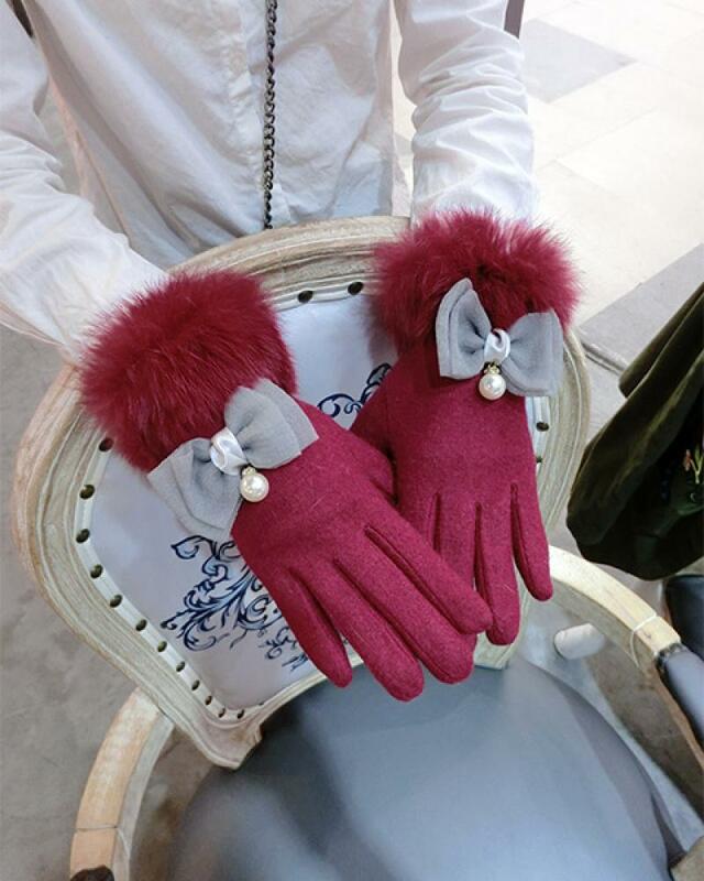 Rabbit Hair Bow Cashmere Gloves Korean Winter Plus Velvet Thickening Women's Fashion Touch-Screen Slimming Finger Warm Gloves
