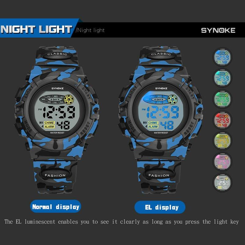 SYNOKE 어린이 스포츠 시계, 군사 방수 LED 다채로운 조명, 어린이 시계, 위장 소년 학생 시계, Relogio 패션