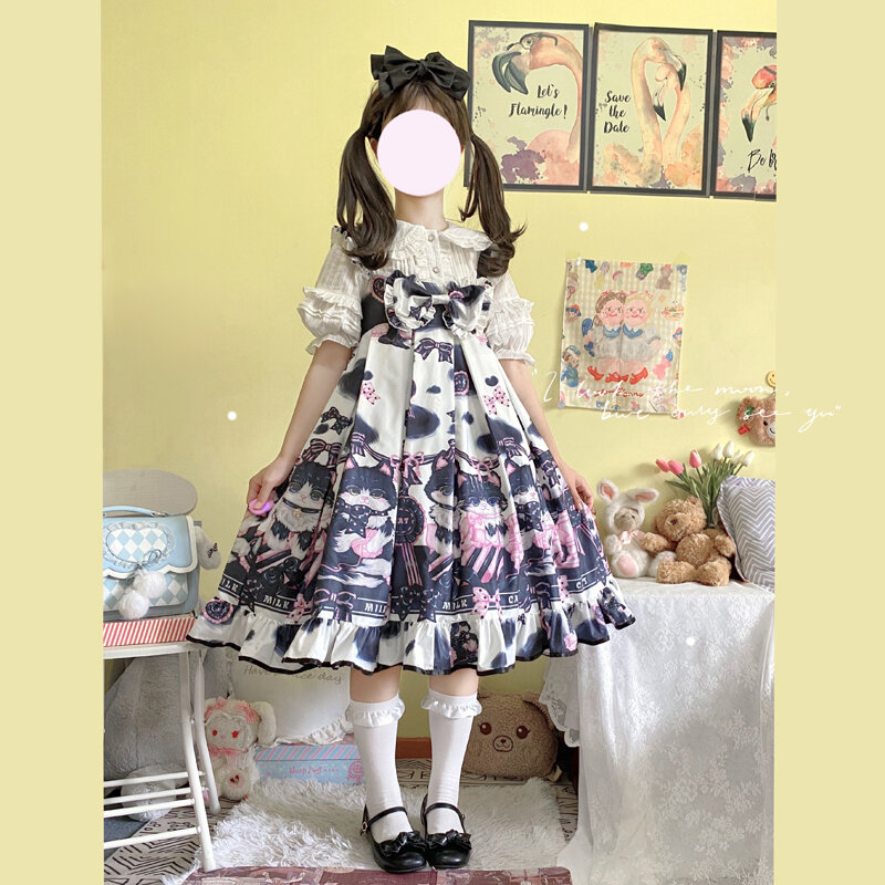 새로운 가을 빈티지 보우 여성 드레스 일본 과자 귀여운 암소 고양이 빅토리아 로리타 드레스 로브 카와이 고스 코스프레 Vestido 미디