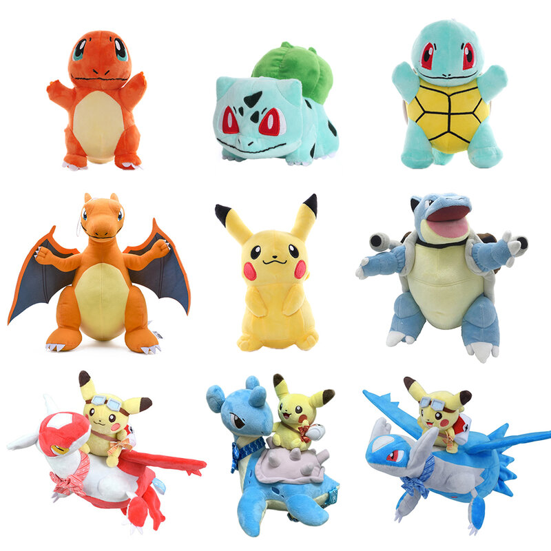 Pokemon Plush Toy para Bebê, Pikachu, Eevee, Charmander, Squirtle, Charizard, Blastoise, Bulbasaur, Anime Figura Boneca, Presente de Natal