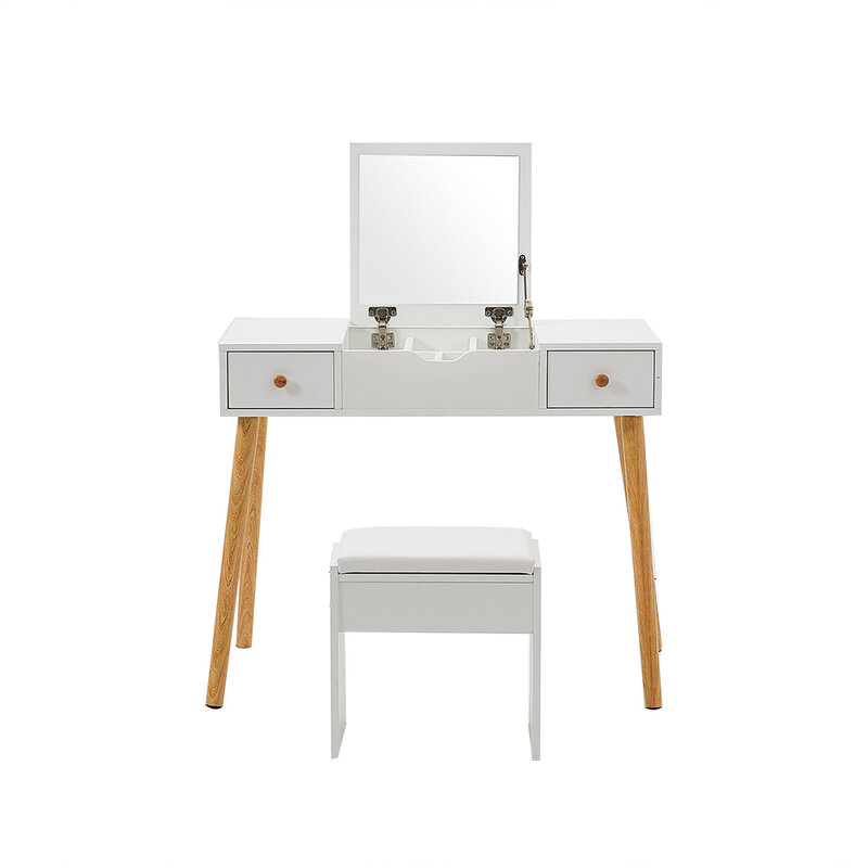 Panana Nordic toaletka zestaw drewniany stół do makijażu z klapką lustro i PU skórzany stołek 2 szuflady dziewczyna urodziny biały