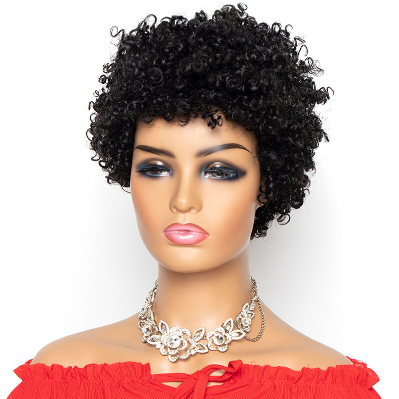Yepei-peluca rizada corta para mujer, cabello humano brasileño Remy, hecho a máquina, 130% de densidad, Color Natural