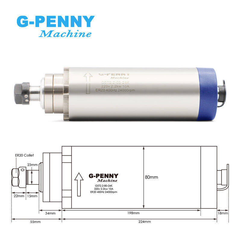 G-PENNY CNC Milling Spindle Motor, Air Cooling Spindle Motor, Refrigerado a Ar, 4 Rolamentos, 2.2 KW, ER20, 220V, 2.2 KW, 80mm, 80x 224mm