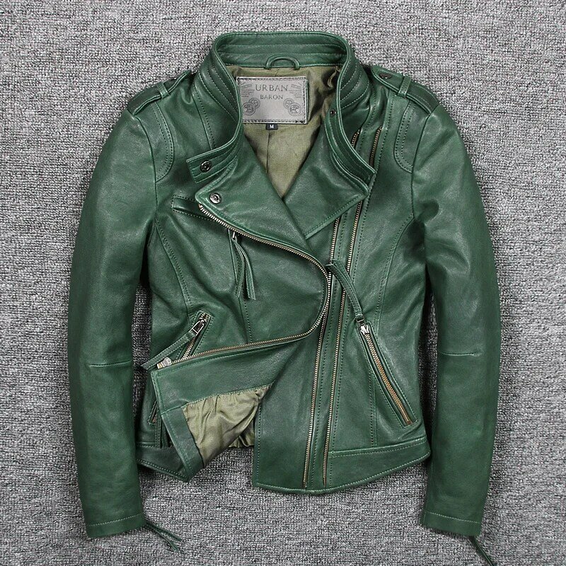 Vestes de moto en cuir véritable pour femmes, manteaux décontractés Slim vert automne hiver jaqueta de couro vêtements