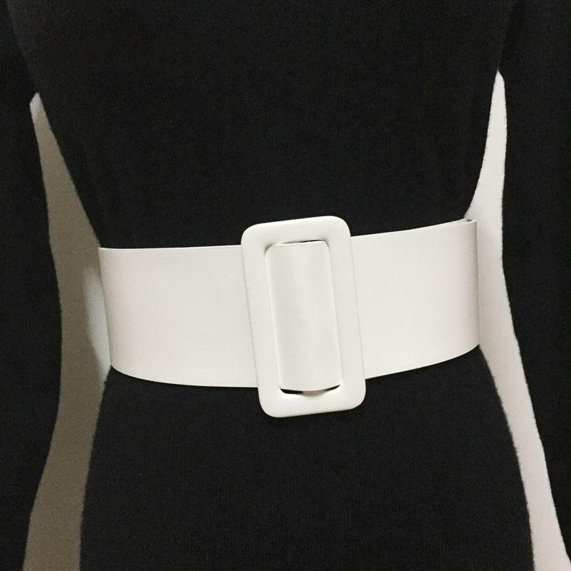 Cintura larga de couro PU para decoração de camisa e vestido, cinto retangular, fivela redonda, simples e versátil, preto e branco, 107C
