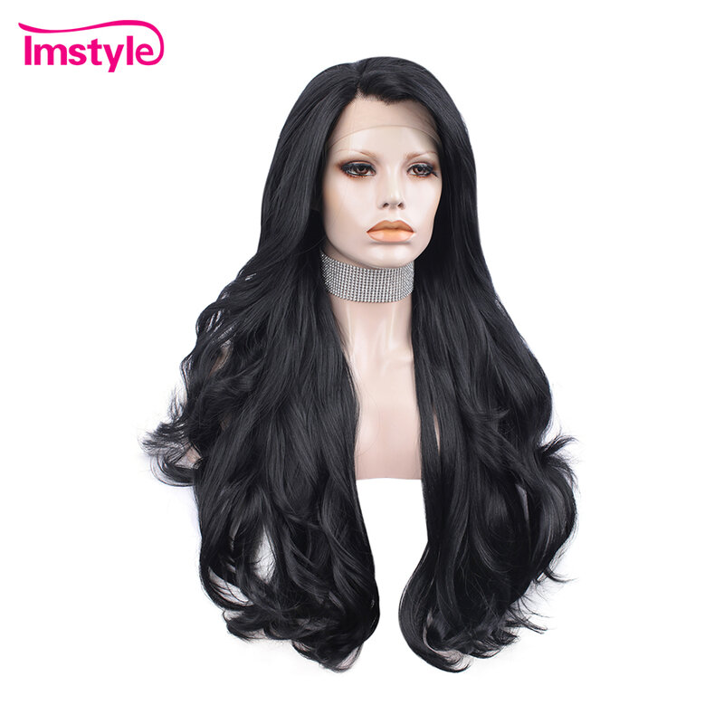 Imstyle-peruca preta sintética longa para mulheres, cabelo ondulado natural, fibra resistente ao calor, frente de renda, perucas macias sem cola