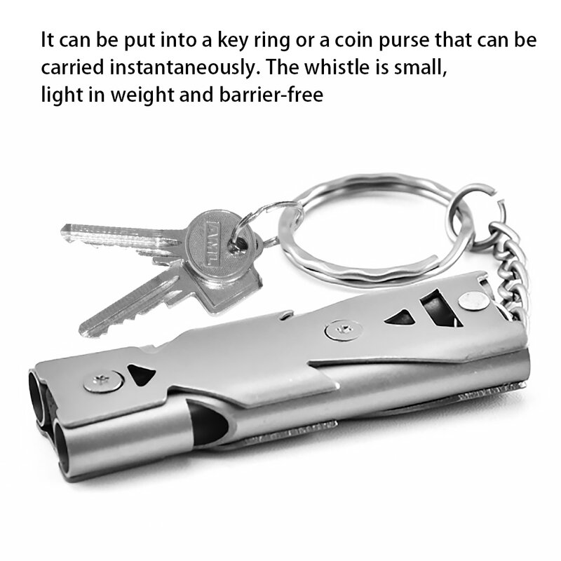 Aço inoxidável portátil Keychain Whistle, ao ar livre alta decibel, tubo duplo, sobrevivência de emergência, ferramentas multifuncionais, 1Pc