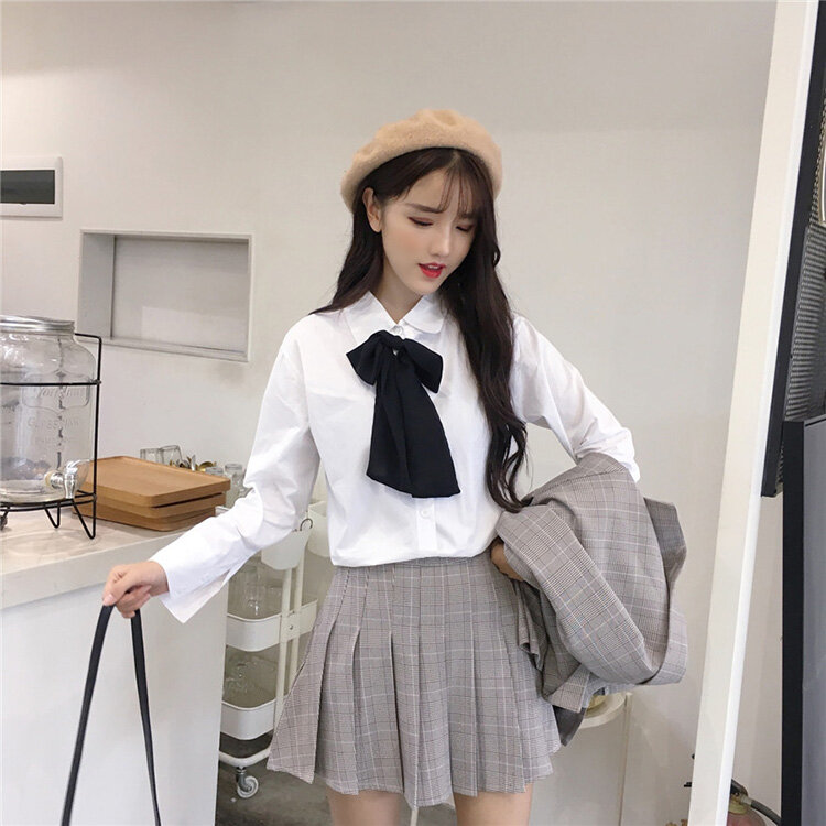 Jk Perempuan Musim Gugur 2021 Korea Gaya Jepang Longgar Kotak-kotak Setelan Jaket + Rok Mini Lipit Dua Potong Perempuan Mahasiswa Kemeja Putih