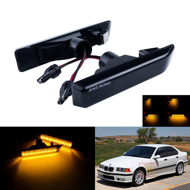 ANGRONG 2X 앰버 다이나믹 LED 사이드 인디케이터 리피터 블랙 렌즈 라이트 L + R For BMW X5 E53 00-06 E36 M3 97-99