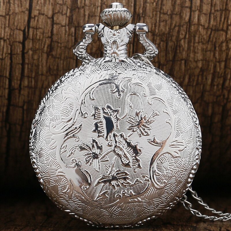 Retro Zilveren Zakhorloge Trein Met Bloem Quartz Horloges Met Ketting Ketting Klok Cadeau Voor Mannen Reloj De Bolsillo Hombre