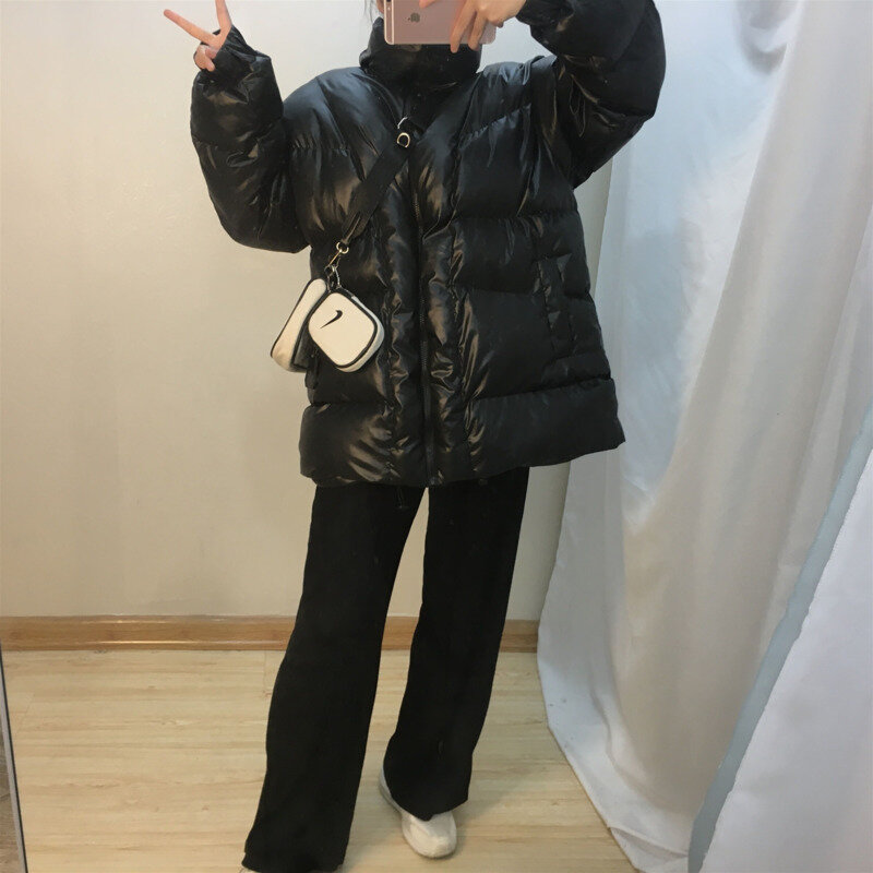 Abrigo holgado con cuello levantado para mujer, chaqueta acolchada de gran tamaño, color negro, ideal para estudiantes, novedad, invierno, 2022