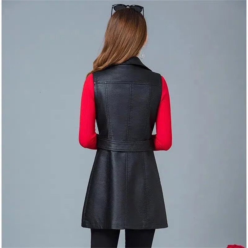 여성용 블랙 PU 가죽 조끼 재킷, 긴 2021 정장 조끼, 민소매 카디건 정장 조끼, 블랙 아우터