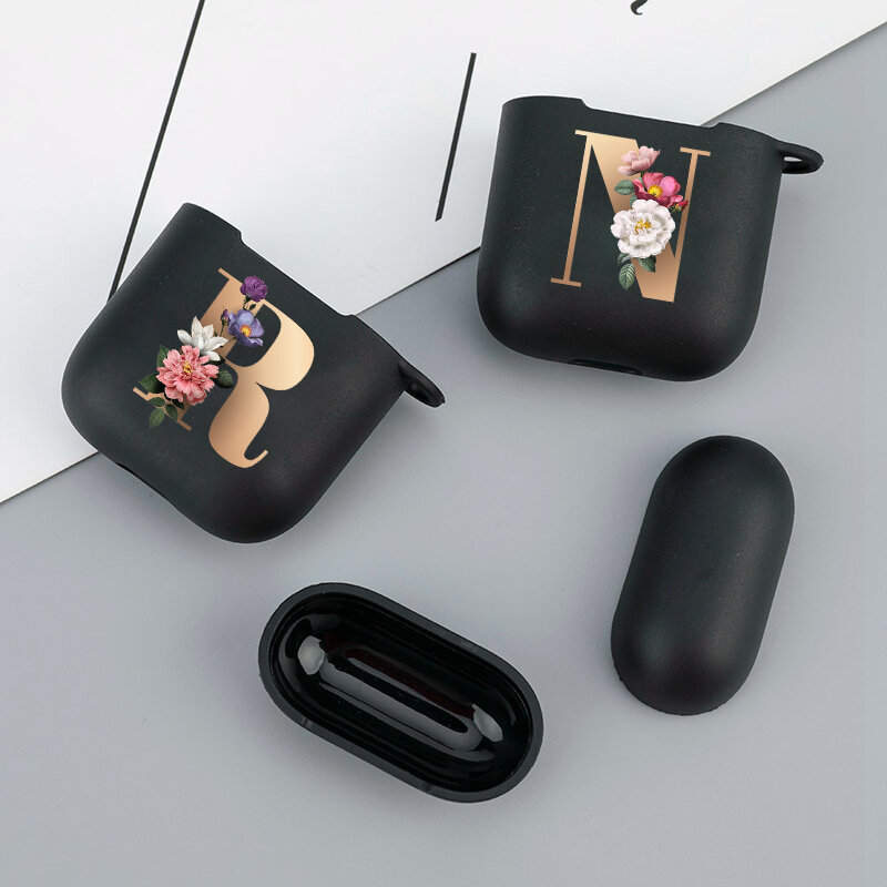 Cute Floral Gold Initial alphabet Letter AirPods Case For Airpod 2 Cases Silicone Wireless Bluetooth Earphone Cover Matte Black