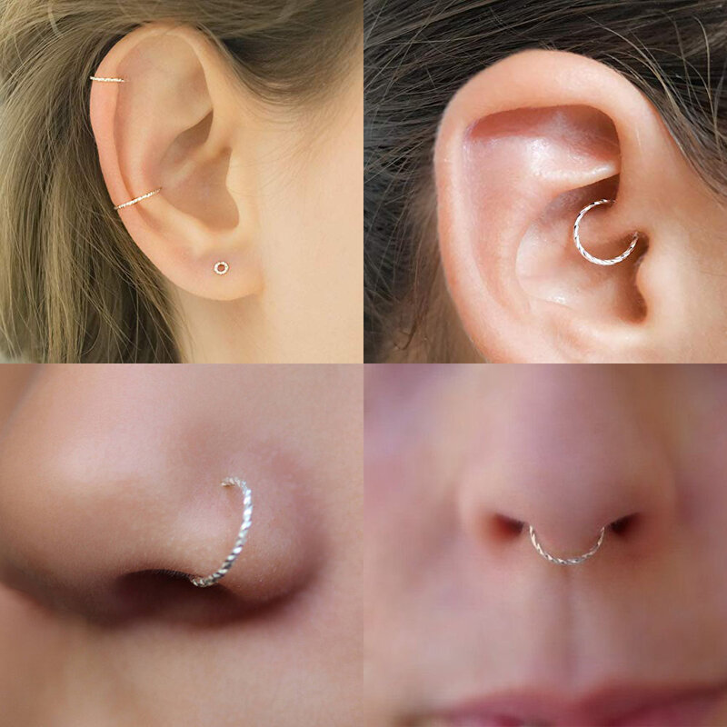 1 Pasang Hidung Memutar Cincin Lingkaran 925 Perak Murni Tipis Hidung Menusuk untuk Wanita Pria 22 G Huggie Tragus Anting Tindik Tubuh Perhiasan