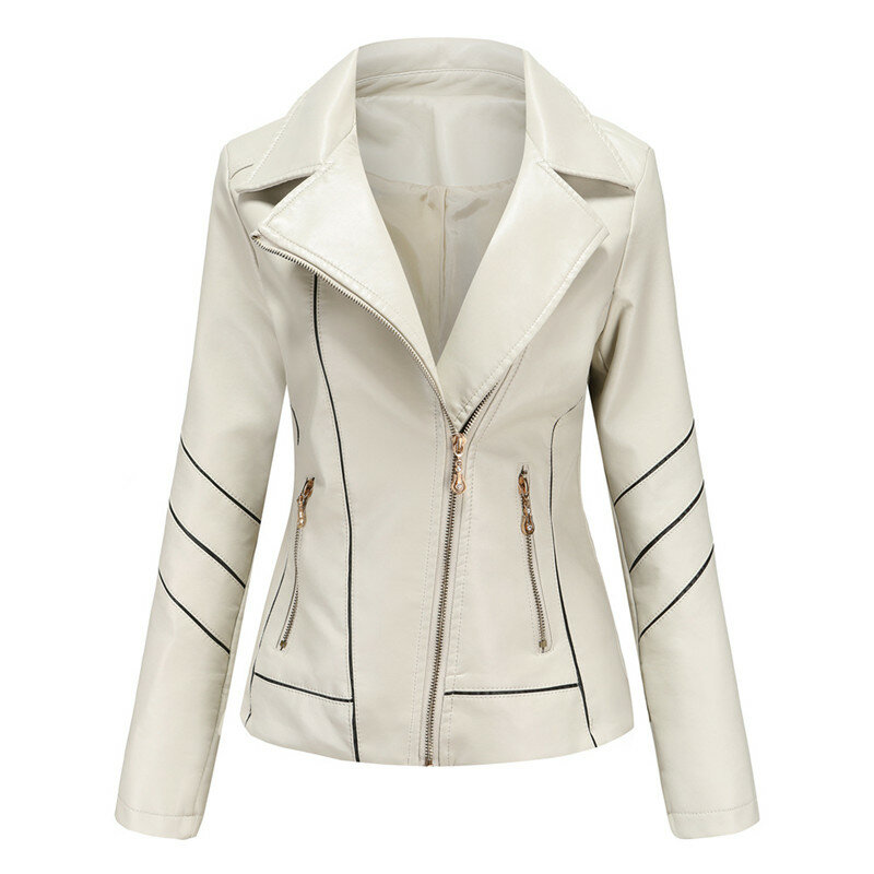 Jaqueta de couro feminina primavera outono, casaco curto com lapela couro pu, zíper, sobretudo